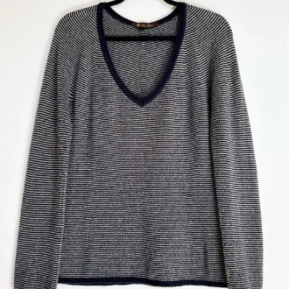 Loro Piana Navy Striped 100% Cashmere V Neck Sweater